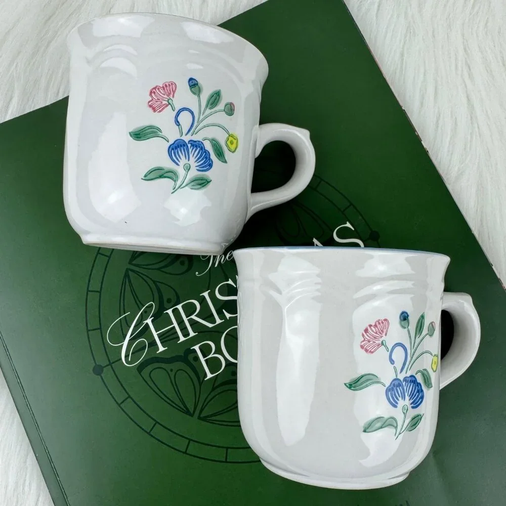 Set of 2 Vintage Floral Expressions Stoneware Coffee Mugs Tea Cups Japan Flower